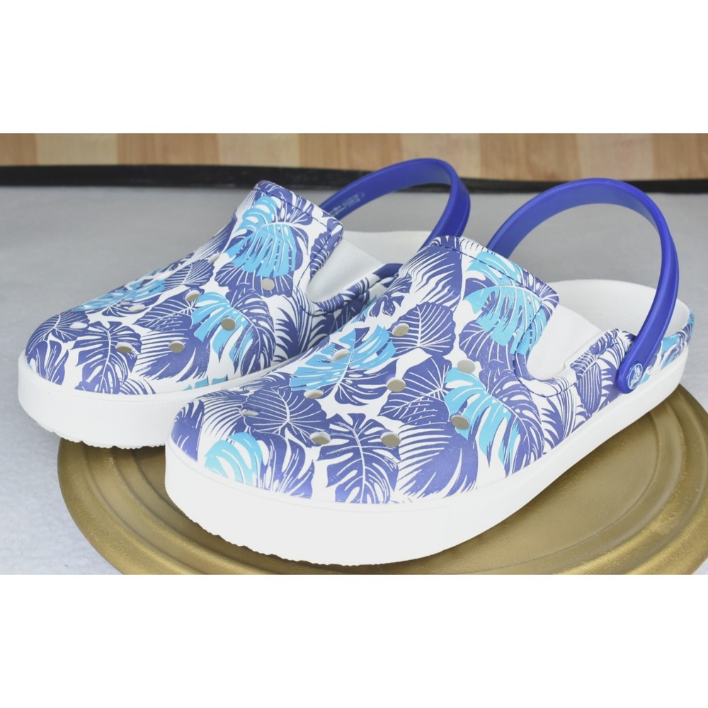 Crocs Classic Men Clogs Size 12 Seasonal Blue/White Palm Tree Graphic Sandals